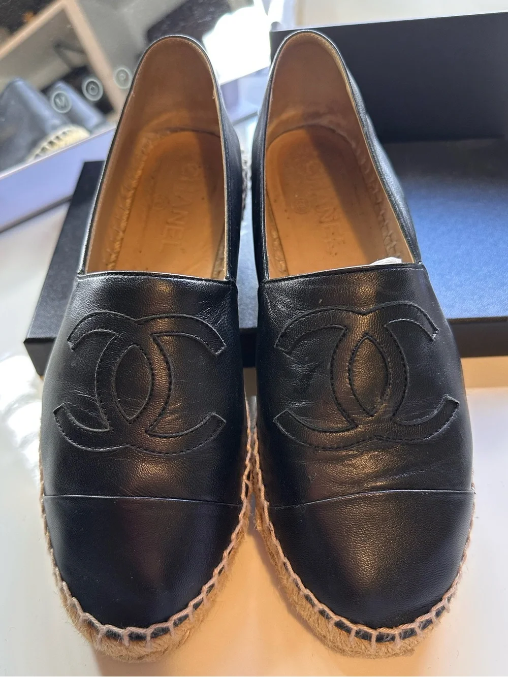 CHANEL Black Leather Espadrille Flats with Interlocked CC